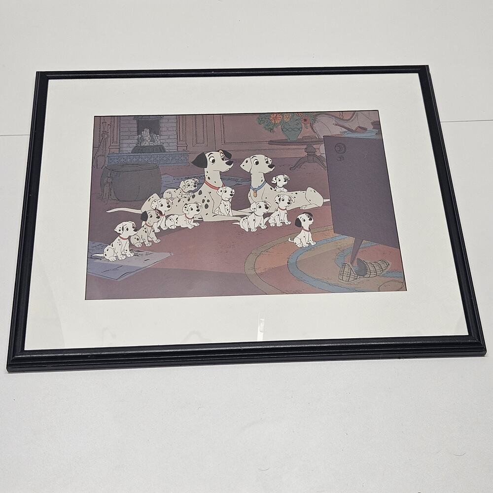 Vintage Disney 101 Dalmatians Watching TV Gather Round Matted Picture 17x21"